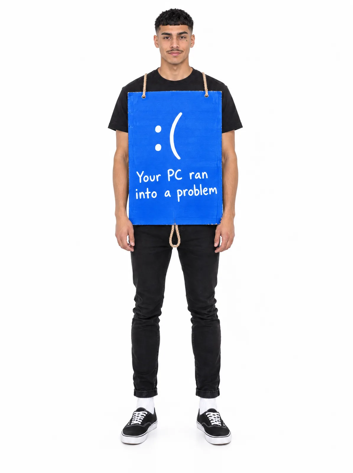 The Blue Screen: a DIY Halloween costume made from cardboard, worn by Arlo, AI-generated model