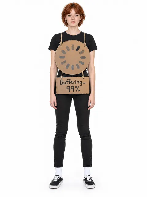 Buffering... 99%: a DIY Halloween costume made from cardboard, worn by a model