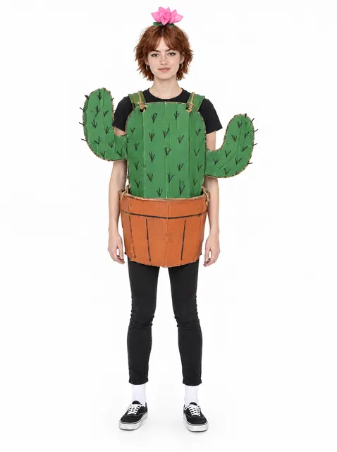 The Cactus in a Pot: a DIY Halloween costume made from cardboard, worn by a model