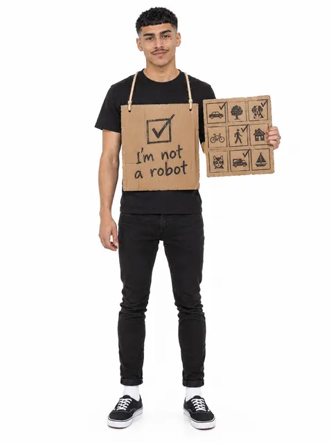 I'm Not A Robot: a DIY Halloween costume made from cardboard, worn by a model