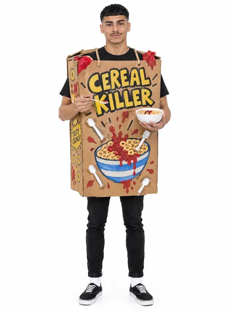 The Cereal Killer: a DIY Halloween costume made from cardboard, worn by a model
