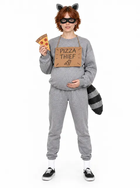 The Chaos Raccoon: a DIY Halloween costume made from cardboard, worn by a model