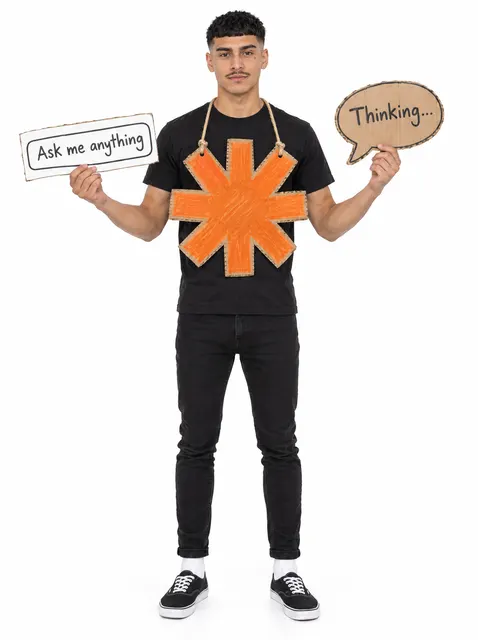 The AI Assistant Star: a DIY Halloween costume made from cardboard, worn by a model