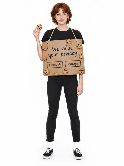 The Cookie Banner: a DIY Halloween costume made from cardboard, worn by a model