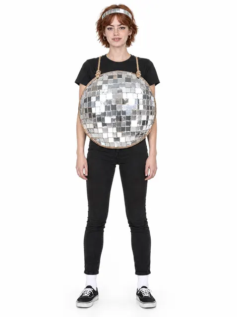 The Disco Ball: a DIY Halloween costume made from cardboard, worn by a model