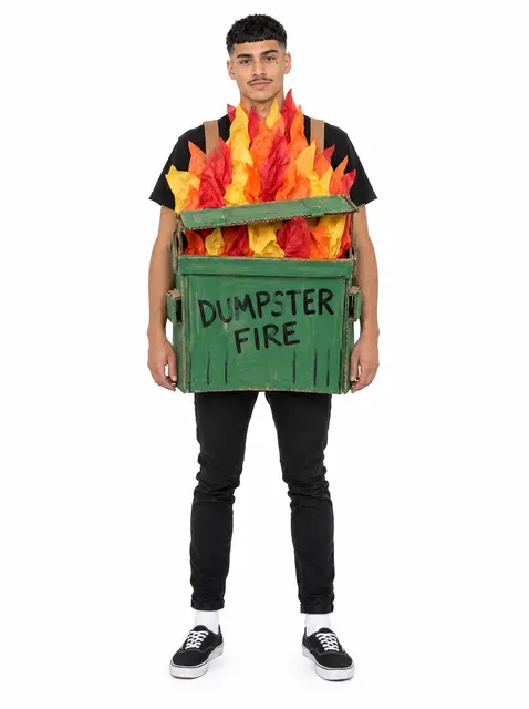 The Dumpster Fire: a DIY Halloween costume made from cardboard, worn by a model