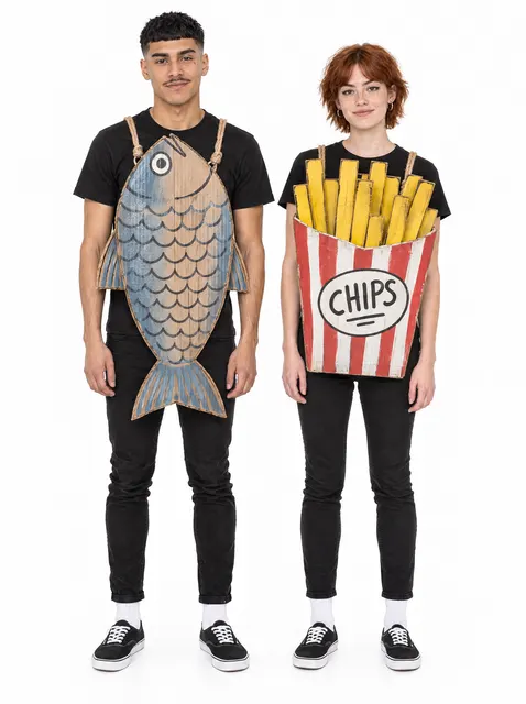 Fish and Chips: a DIY Halloween costume made from cardboard, worn by a model