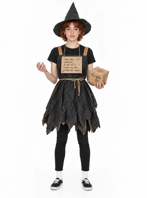 The Five-Star Witch: a DIY Halloween costume made from cardboard, worn by a model