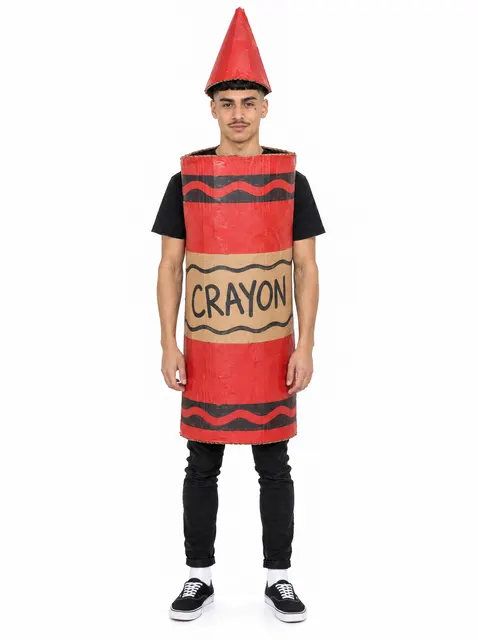 The Giant Crayon: a DIY Halloween costume made from cardboard, worn by a model