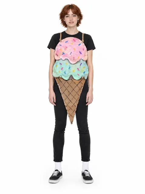 The Ice Cream Cone: a DIY Halloween costume made from cardboard, worn by a model