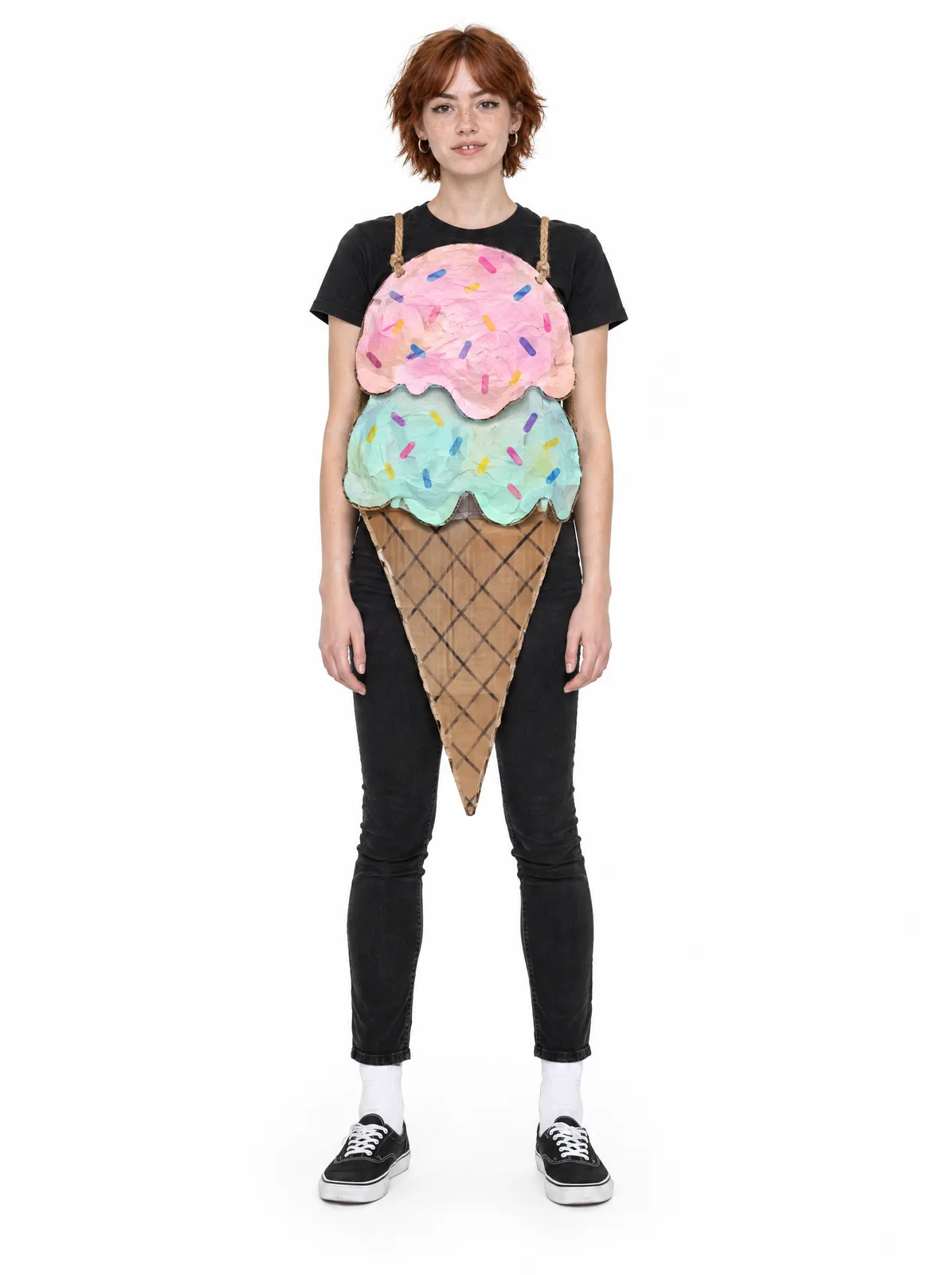 The Ice Cream Cone: a DIY Halloween costume made from cardboard, worn by Wren, AI-generated model