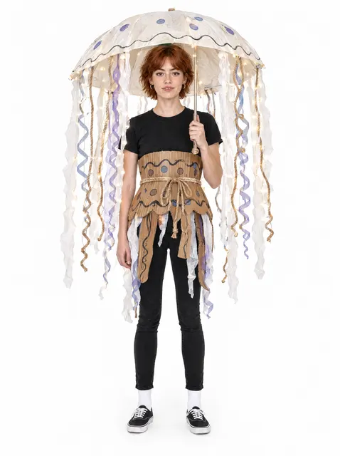 The Jellyfish: a DIY Halloween costume made from cardboard, worn by a model