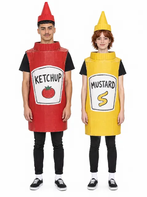 Ketchup and Mustard: a DIY Halloween costume made from cardboard, worn by a model