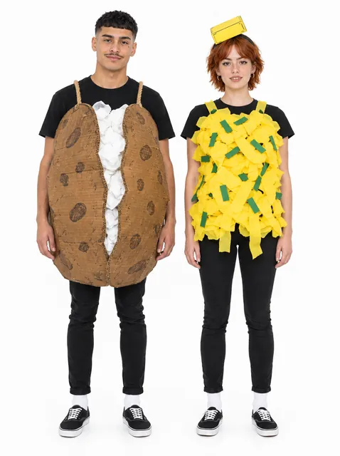 The Loaded Baked Potato: a DIY Halloween costume made from cardboard, worn by a model