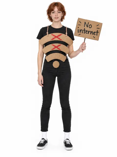 No Wi-Fi: a DIY Halloween costume made from cardboard, worn by a model