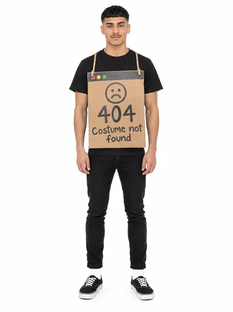 404 Costume Not Found: a DIY Halloween costume made from cardboard, worn by a model