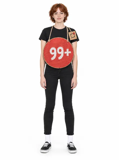 99+ Notifications: a DIY Halloween costume made from cardboard, worn by a model