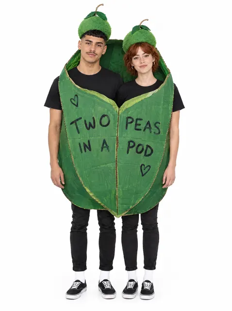 Two Peas in a Pod: a DIY Halloween costume made from cardboard, worn by a model