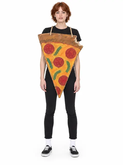 The Pizza Slice: a DIY Halloween costume made from cardboard, worn by a model