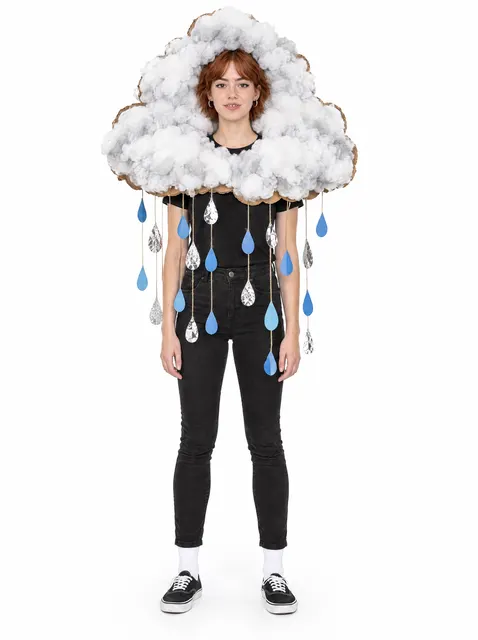 The Raincloud: a DIY Halloween costume made from cardboard, worn by a model