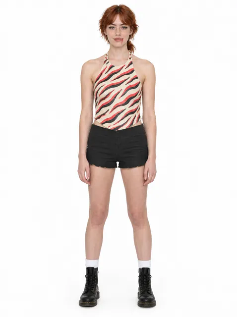 The Red Zebra Halter: a DIY Halloween costume made from cardboard, worn by a model