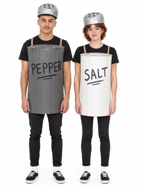 Salt and Pepper: a DIY Halloween costume made from cardboard, worn by a model