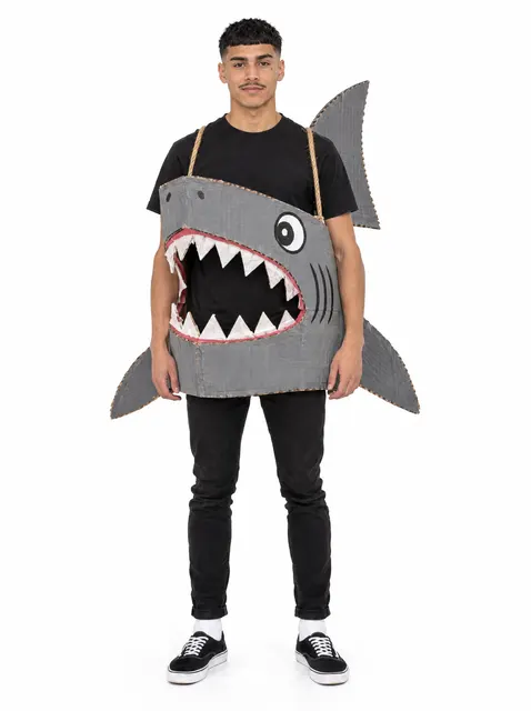 The Shark Attack: a DIY Halloween costume made from cardboard, worn by a model