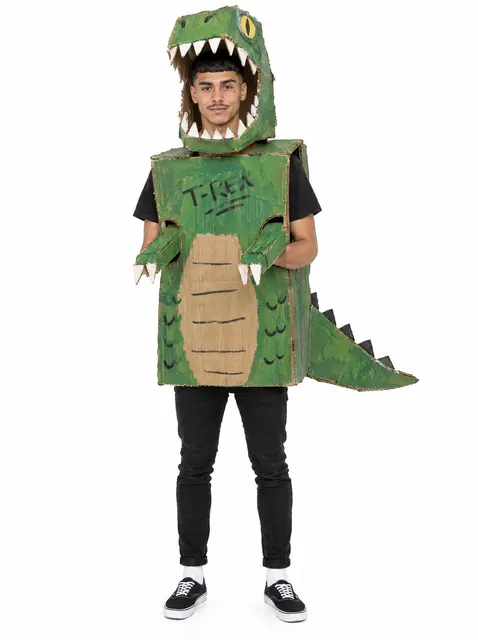 The Box T-Rex: a DIY Halloween costume made from cardboard, worn by a model