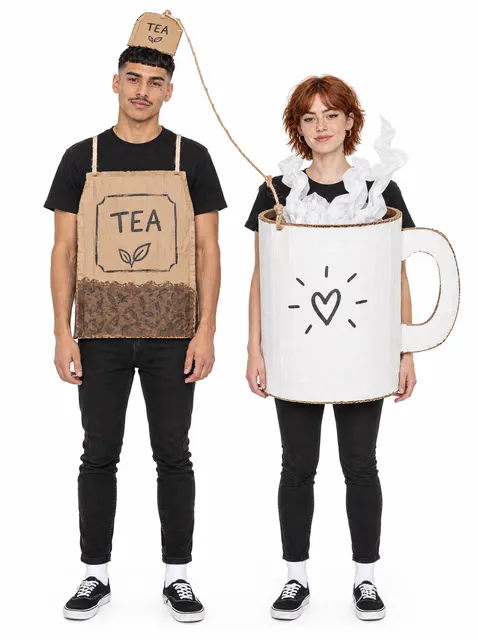 Teabag and Mug: a DIY Halloween costume made from cardboard, worn by a model