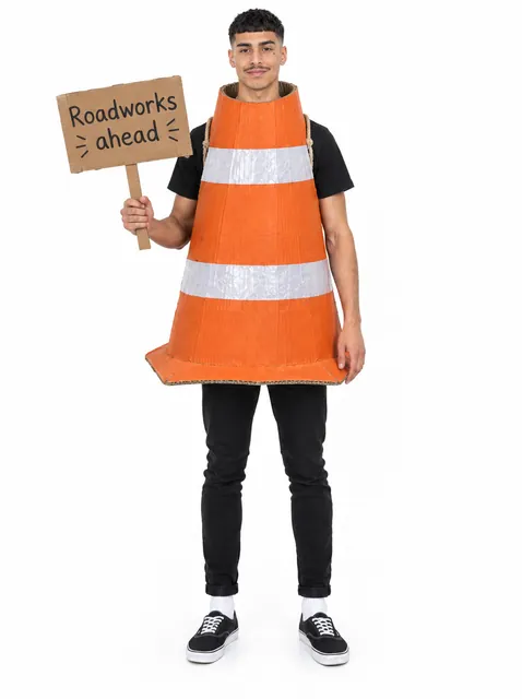 The Traffic Cone: a DIY Halloween costume made from cardboard, worn by a model
