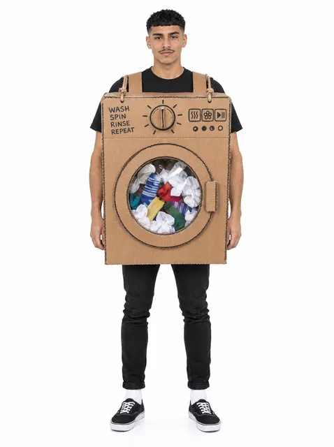 The Washing Machine: a DIY Halloween costume made from cardboard, worn by a model