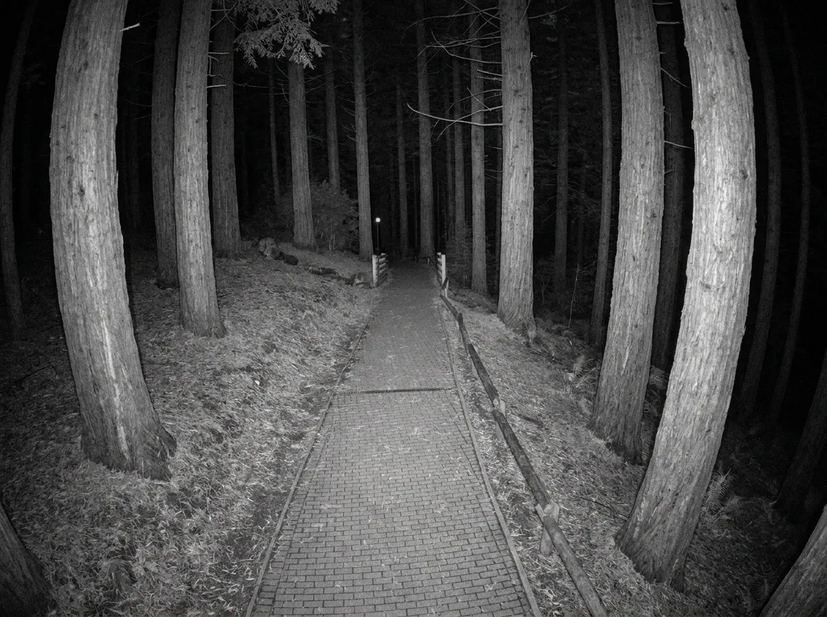 The same path as a grey night-vision security camera still