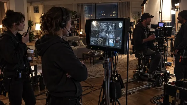 On a night shoot, the director watches the security monitor on a field monitor while the crew chats behind her