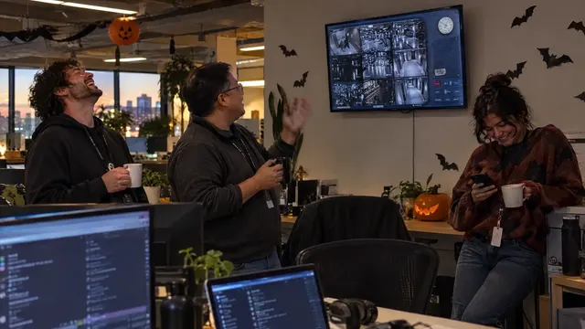 Coworkers with coffee laugh by a wall-mounted screen showing the monitor in a Halloween-decorated office