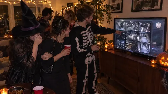 At a Halloween house party, a woman in a witch hat laughs behind her hand while a friend in a skeleton onesie points at the monitor on the TV