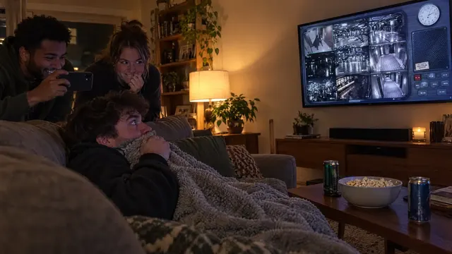 A man on a sofa pulls his blanket up to his chin at the monitor while friends behind him film him and try not to laugh